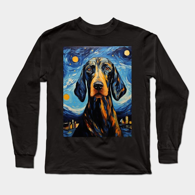 Black and Tan Coonhound Night painting Long Sleeve T-Shirt by NatashaCuteShop